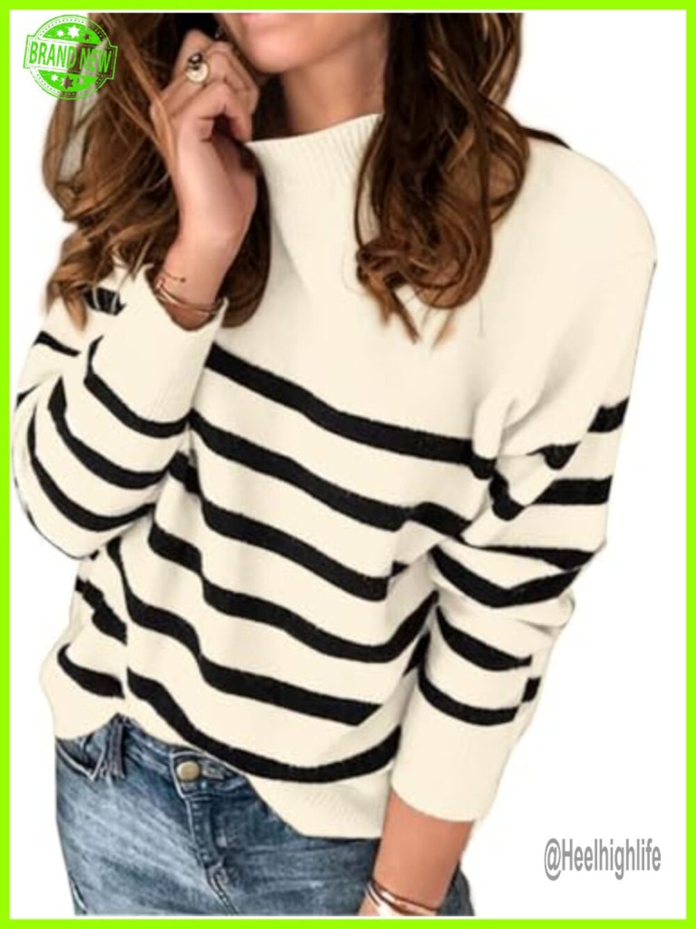 Women's Striped Crew Neck Long Sleeve Pullover Sweater Ribbed Knit Fall Winter
